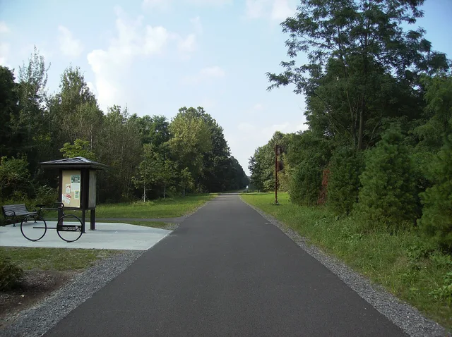 The trailhead at the Commercial Avenue parking lot, along the Hudson Valley Rail Trail in the hamlet of Highland in the town of Lloyd, New York. Rail Trail Town Parking: General Planning Tips